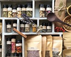 an assortment of spices and herbs on display