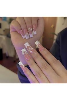 White French Tip Press on Nails Long Square Fake Nails Full Cover Nude with Butterfly Charm False Nails with Butterfly Rhinestones Design Nails Reusable Artificail Nails Salon Acrylic Glue on Nails for Women Girls Nails Rose, Butterfly Nail Designs, August Nails, Nail Board