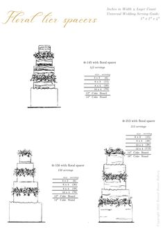 four tiered wedding cake with flowers and greenery on the top is shown in black and white