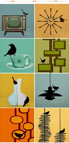 several different types of art work with birds on them