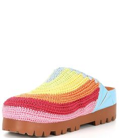 Chelsea & Violet Cleo Rainbow Embroidered Platform Clogs | Dillard's Multicolor Slip-on Mules For Spring, Multicolor Closed Toe Mules For Spring, Casual Multicolor Slippers With Rubber Sole, Spring Multicolor Closed Toe Mules, Spring Comfortable Clogs With Woven Sole, Multicolor Round Toe Slippers For Spring, Casual Multicolor Clogs With Rubber Sole, Comfortable Multicolor Synthetic Clogs, Multicolor Beach Clogs For Spring