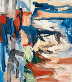 an abstract painting with blue, orange and red colors