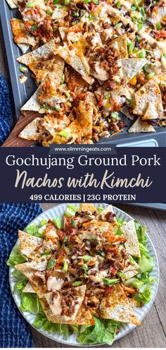 a plate with nachos on it and the words gochuling ground pork machas with kimchi