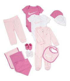 From Nike&#x2C; this set features:12-piecesOne footie bodysuit with long sleeves and zip leg closure2 soft texture&#x2C; swoosh applique blankets2 short sleeve&#x2C; swoosh design bodysuits with snap bottom closure2 caps2 booties1 bib1 burp cloth1 jogger pantCottonMachine wash/tumble dryImported. Cute Baby Things, Baby Girl Clothes Newborn, Daughter Style, Newborn Shoes, Baby Nike