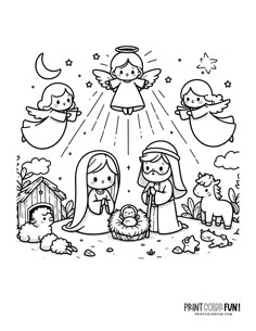 the birth of jesus coloring page for kids and adults with pictures of baby jesus in the manger