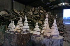 several different types of gnome hats on logs