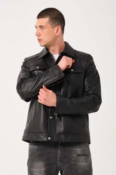 MODEL SIZE -L-Height 1,90 CM / Weight 85 KGCHEST - 105cm / WAIST 81cm / Hip 100cm - Genuine leather soft nappa - Lining : %100 Acetate Lining - Fitting Perfect - YKK Zipper And Accesories - Inside pockets - Color options available Elegant Leather Jacket, Lycra Men, Clean Shaven, Mens Black Leather, Ykk Zipper, Korean Men, Leather Jackets Women, Leather Jacket Men, Leather Care