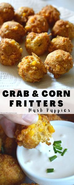 crab and corn fritters with ranch dip in the middle on a white plate