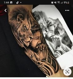 a man with a lion tattoo on his arm next to an image of a woman