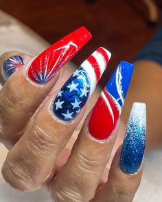 Neon 4th Of July Nails, Crazy 4th Of July Nails, Patriot Nails, Firecracker Nails, 4th Nails July, Fun 4th Of July Nails, 4th Of July Nail Designs Fireworks, Labor Day Nail Designs, 4th Of July Nail Art