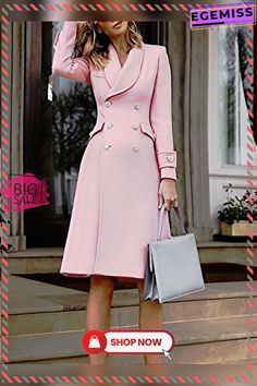 Long Sleeve Plain Elegant Regular Fit Overcoat Fall Knee-length Single-breasted Outerwear, Fitted Solid Color Pea Coat, Spring Lapel Collar Fitted Pea Coat, Spring Fitted Pea Coat With Lapel Collar, Pink Long Sleeve Pea Coat For Winter, Chic Winter Pink Pea Coat, Chic Pink Winter Pea Coat, Pink Winter Pea Coat, Solid Color Lapel Collar Pea Coat For Spring