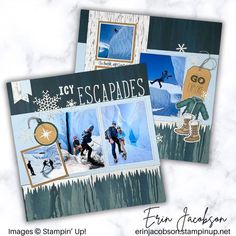 two christmas cards with pictures of people skiing and snowboarding in the background text reads, 101 escapadess