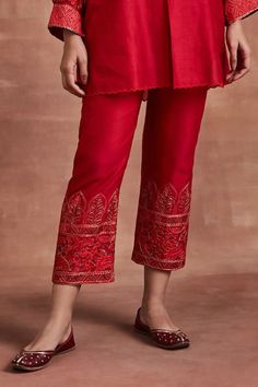 Buy Red Handwoven Chanderi Silk Embroidered Floral Collar Lekh Shirt And Pant Set For Women by Sue Mue Online at Aza Fashions. Elegant Red Bottoms For Wedding, Elegant Red Wedding Bottoms, Elegant Silk Pants With Zari Work, Elegant Straight Pants With Embroidered Border, Elegant Pants With Embroidered Border For Festive Season, Traditional Formal Sets With Straight Pants, Elegant Festive Pants With Embroidered Border, Elegant Red Kurta With Embroidered Border, Elegant Embroidered Silk Bottoms