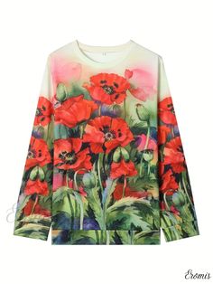 Eromis - Womens Plus-Size Floral Print Long Sleeve Round Neck Casual Sweatshirt Red Floral Print Top For Winter, Red Printed Tops For Winter, Winter Red Printed Tops, Red Long Sleeve T-shirt For Spring, Long Sleeve Multicolor Top With Sublimation Print, Multicolor Long Sleeve Top With Sublimation Print, Green Long Sleeve Top With Sublimation Print, Spring Long Sleeve T-shirt With Sublimation Print, Long Sleeve T-shirt With Sublimation Print For Spring