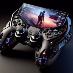 a close up of a video game controller with a cell phone in the back ground