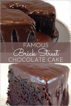 a close up of a cake on a plate with the words brick street chocolate cake