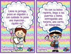 two posters with spanish words in the shape of speech bubbles and an image of a doctor