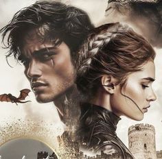 a movie poster with two people in front of a castle and a dragon flying over it