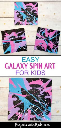 the easy and fun art project for kids to make galaxy spin art with paint on canvases