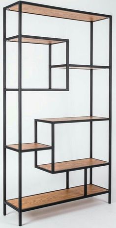 the shelf is made out of metal and has wooden shelves on each side, along with shelving units