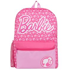 a pink backpack with the word barbie on it's front and side pockets,