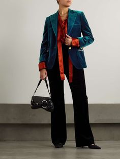 GUCCI Embellished cotton-velvet blazer | NET-A-PORTER Blue Velvet Blazer Outfit, Velvet Blazer Outfit, Blue Blazer Outfit, Neutral Pants, Winter Capsule, Gucci Outfits, Trouser Outfits, Blazer Outfit, Exclusive Dress