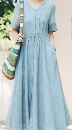 Summer Washed Soft Linen Dress Full Skirt 2211