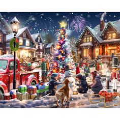 a christmas scene with people and a dog in front of a firetruck on the street