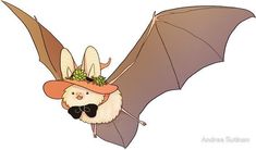 a bat with a hat and sunglasses on it's head is flying through the air