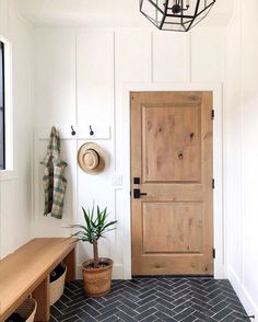 an entryway with a wooden door and potted plant