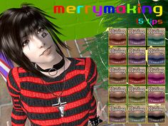 an animated image of a woman with black hair and piercings on her head, wearing a striped shirt