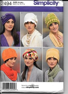 Simplicity 2494 Women's Fleece Knit Hats S-M-L Accessories Pattern UNCUT 6 Styles. Pattern 2494 is UNCUT and in factory folds. Turban Pattern, Fleece Hat Pattern, Cloche Hat Pattern, Stylish Womens Hats, Fleece Hats, Hats And Scarves, Sewing Circles, Hat Patterns To Sew, Vintage Fleece