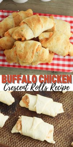 buffalo chicken crescent rolls recipe on a baking sheet and in the background is an image of rolled up cheesy bread