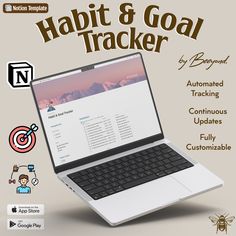 an open laptop computer sitting on top of a white table with the words habitt and goal tracker above it