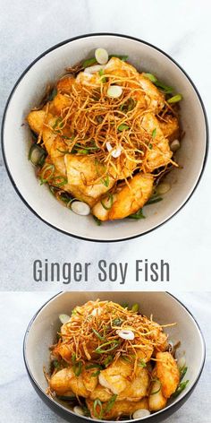 two bowls filled with food sitting next to each other