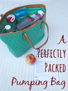 a purse with the words perfectly packed pumping bag on it and an apple next to it