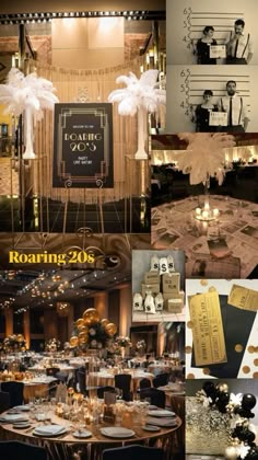 a collage of photos with gold, black and white decorations