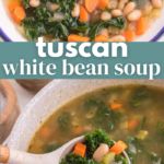 a bowl of soup with beans and spinach in it next to a spoon full of soup