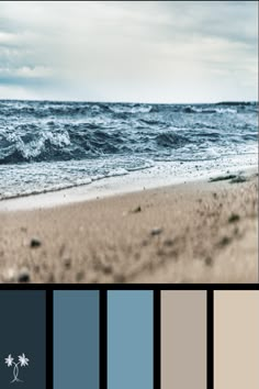 the beach is full of waves, sand and blue hues in this color palette