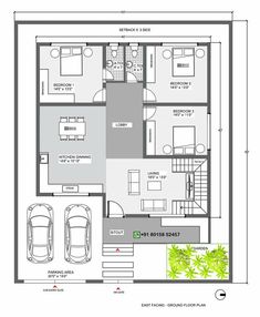 the floor plan for a house with two cars parked in front of it and an open garage