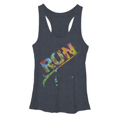 For once you want to let your colors run with the Chin Up Let the Colors Run Heather Navy Blue Racerback Tank Top. This soft and breathable top has the word "Run" printed in a style that mimics paint splashed across the front. Sporty Multicolor Racerback Top, Casual Racerback Tops For Running, Casual Racerback Tank Top For Running, Casual Multicolor Racerback Activewear, Tank Top Outfits, Graphic Tank Tops, Chin Up, Color Run, Casual Tank Tops