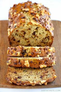 sliced loaf of banana nut bread on a cutting board