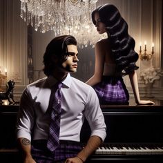 a man with long hair sitting next to a woman in front of a piano