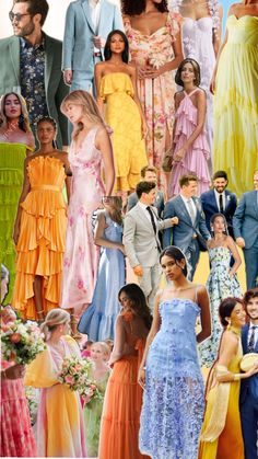 a collage of people dressed in different colored dresses