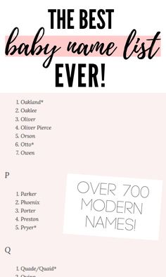 the best baby name list ever is in this pink and white printable poster with black lettering