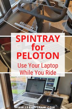 a laptop computer sitting on top of a desk next to a keyboard and mouse with the words spinray for peloton use your laptop while you ride