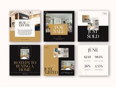 the real estate sale brochure is shown in four different colors and sizes, including gold