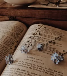 an open book with blue flowers on it next to a bowl of cereal and glasses