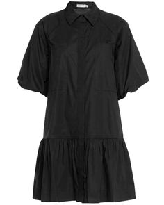 SIMKHAI Black Crissy Cotton Poplin Shirt Dress Collar Short raglan puff sleeves Concealed button down front closure Chest patch pockets Relaxed fit Drop waist Flounce hem Mini length Cotton, spandex Poplin Shirt Dress, Chic Mini Dress, Cotton Poplin Dress, Dress Collar, Summer Denim, Cotton Poplin Shirt, Poplin Dress, Denim Trends, Mini Shirt Dress