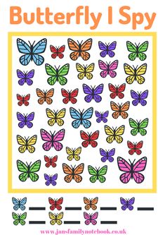 the butterfly i spy game is shown with colorful butterflies on it and an orange border